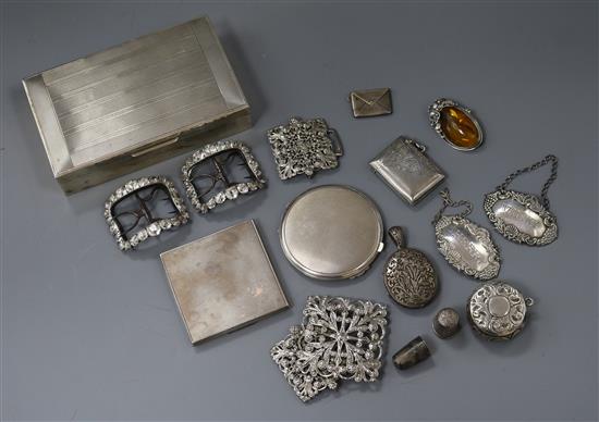 A mixed group of silver and other items including silver cigarette box, silver compact, silver vesta case etc.